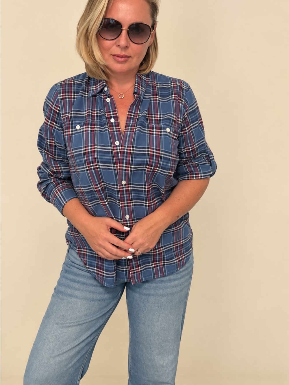 Lauren Jeans Co Ralph Lauren Women’s M Blue Plaid Button Down Shirt Roll Tab